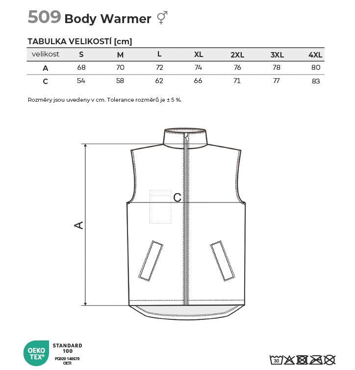 509 Body Warmer vesta unisex Tabulka velikostí